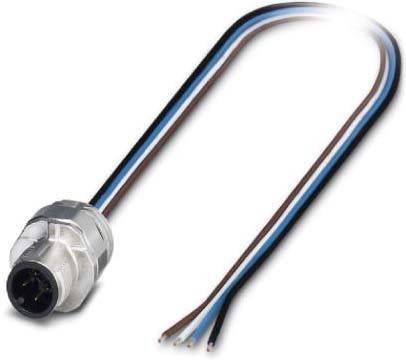 Ein silberner, runder industrieller Stecker mit drei angeschlossenen langen Drähten in den Farben Schwarz, Braun und Blau, die nach außen verlaufen.