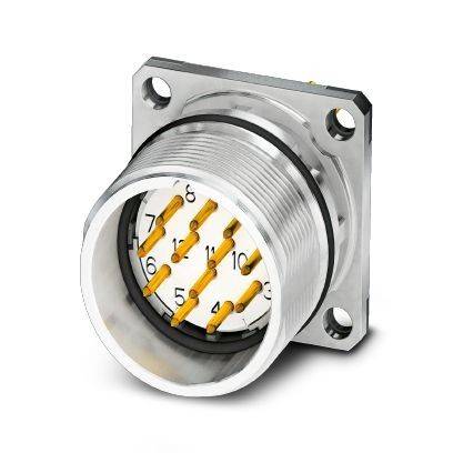 Rundes Metall-Mehrfach-Stecker mit quadratischem Flansch und Schraubenlöchern, Vorderansicht auf weißem Hintergrund.