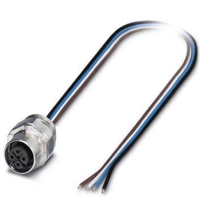 Ein kreisförmiger elektrischer Anschluss mit vier freiliegenden Drähten in blauer, brauner, schwarzer und gestreifter Farbe, verwendet für industrielle Anwendungen.