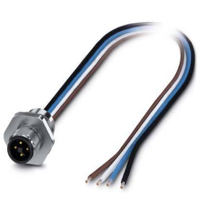 Ein Nahaufnahmebild eines elektrischen Anschlusses mit freiliegenden farbigen Kabeln (schwarz, weiß, blau und braun), die aus ihm herausragen.