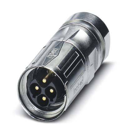 Ein dreipoliger Metall-Verbindungsstecker, üblicherweise für Audio- oder Beleuchtungsausrüstung verwendet, liegt auf einem weißen Hintergrund.