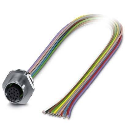 Ein rundes Metallverbindungsstück mit mehrfarbigen Kabeln, die aus ihm herausragen und wahrscheinlich zur Verbindung elektronischer Komponenten verwendet werden.