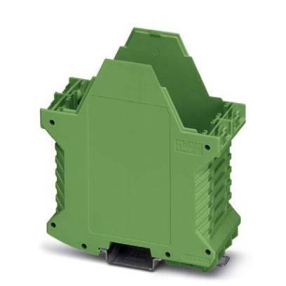 Ein grünes Kunststoffgehäuse, höchstwahrscheinlich ein Reihenklemmengehäuse, mit modularer Konstruktion und mehreren Anschlussslots, geeignet für die Montage auf Hutschiene.