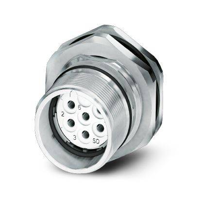 Metallischer runder Mehrpin-Elektrostecker mit Gewinde-Gehäuse, dargestellt auf weißem Hintergrund.