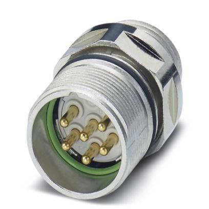 Ein Metallkreisverbinder mit einer verschraubten Außenhülle und mehreren Goldkontakten, die innen angeordnet sind und für elektrische Verbindungen verwendet werden.