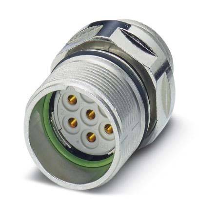Ein metallischer kreisförmiger Steckverbinder mit mehreren Goldstiften in einem silber- und grünfarbenen Gehäuse, der für elektrische oder Datenkonnektivität verwendet wird.