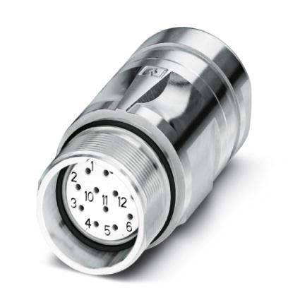 Eine Nahaufnahme eines metallischen zylindrischen elektrischen Anschlusses mit nummerierten Kontakten, die in einem kreisförmigen Muster angeordnet sind.