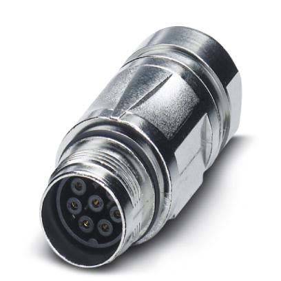 Ein metallischer, zylindrischer elektrischer Anschluss mit sieben Pins, konzipiert für industrielle oder Kommunikationsanwendungen. Er verfügt über eine robuste Bauweise.