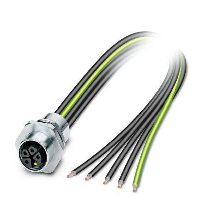 Elektrisches Kabel mit einem metallischen kreisförmigen Stecker, der fünf schwarze Drähte mit einem grün/gelben Erdungsdraht zeigt