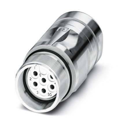 Stecker mit sieben beschrifteten Anschlüssen in einem Metallgehäuse, verwendet für industrielle oder elektronische Verbindungen.
