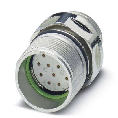 Ein Metall-Kreisverbindungsstecker mit mehreren Pins im Inneren und einer verschraubbaren Außenhülle, der für sichere elektrische Verbindungen verwendet wird.