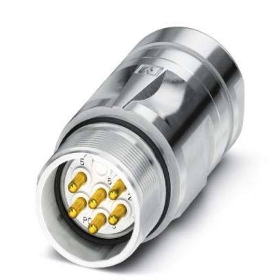 Ein metallischer Mehrfachanschluss mit beschrifteten Pins, der für elektronische oder mechanische Systeme verwendet wird. Er verfügt über ein robustes, zylindrisches Design.