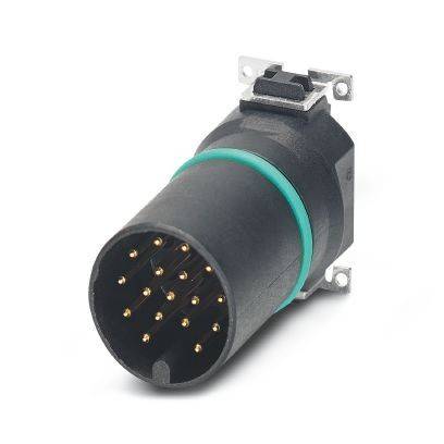 Schwarzer kreisförmiger Multi-Pin-Elektrostecker mit Montageklammer und grünem Dichtungsring, dargestellt auf weißem Hintergrund.