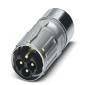 Ein Nahaufnahme-Bild eines silbernen elektrischen Steckverbinders mit drei Pins, der zum Verbinden kompatibler elektronischer Geräte verwendet wird.