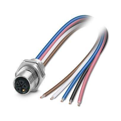 Metallischer kreisförmiger elektrischer Stecker mit fünf farbcodierten Drähten, die sich davon erstrecken