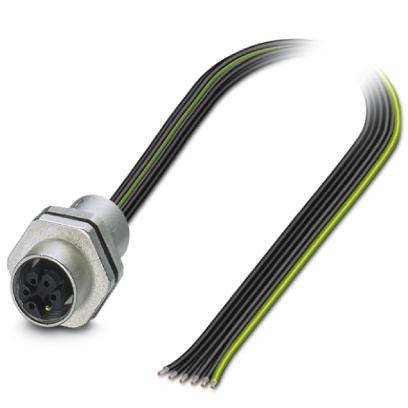 Ein kreisförmiger, 5-poliger M12-Stecker mit angeschlossenen Mehrleiter-Kabeln, ausgestattet mit gestreifter Isolierung in Schwarz und Gelb.
