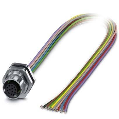 Ein mehrfarbiges elektrisches Verbindungskabel mit einem Metallstecker, der mehrere Stifte aufweist. Die Kabel sind aufgefächert mit freiliegenden Enden.