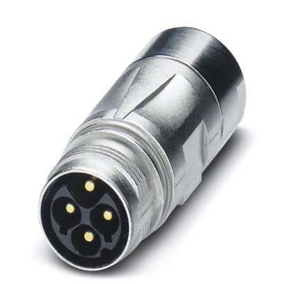 Ein Nahaufnahme eines kreisförmigen Metall-Elektroverbinders mit vier Pins, der zum Anschließen von Kabeln und Übertragen von Signalen verwendet wird.