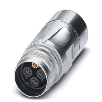 Ein Metallverbindungsstecker mit vier goldfarben Pins in einem kreisförmigen Gehäuse, konzipiert für elektrische oder elektronische Verbindungen.