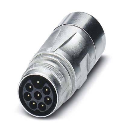 Eine Nahaufnahme eines 7-poligen runden elektrischen Steckverbinders mit Metallgehäuse, die die Anordnung der Kontakte und die Rillen für eine sichere Verbindung zeigt.