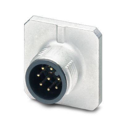 Rundes Metall-Frontplattensteck-Elektronikverbindungsstück mit mehreren vergoldeten Stiften auf einem quadratischen silbernen Gehäuse.