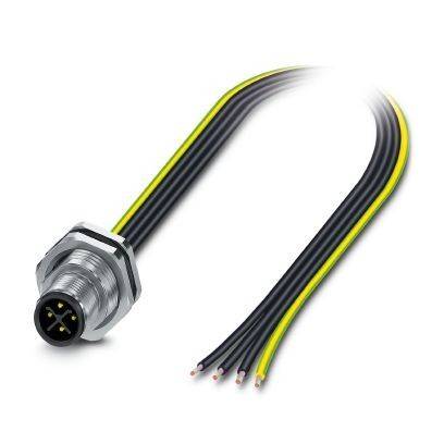 Wasserdichter runder Elektrostecker mit fünf angebrachten Drähten, dargestellt als Produkt auf weißem Hintergrund.