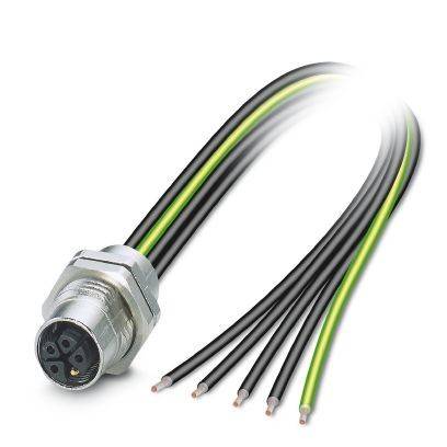 Mehrleiter-Kabel mit einem metallischen Rundsteckverbinder und abisolierten Drahtenden, einschließlich eines grün-gelben Schutzleiters.