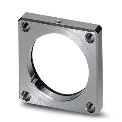 Ein quadratischer Metallrahmen mit einer zentralen kreisförmigen Aussparung, der vier Schraublöcher an jeder Ecke aufweist.