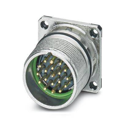 Kreisförmiger Elektrostecker aus Metall mit vielen vergoldeten Stiften und einem quadratischen Montageflansch, dargestellt vor weißem Hintergrund.