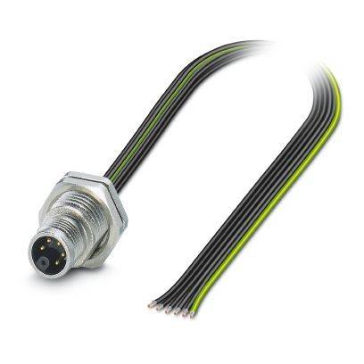 Metallischer Sensor-Verbindungskabel mit Gewinde und mehreren schwarzen und grünen Drähten, die am Ende freigelegt sind.