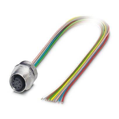 Mehrfarbiges Kabel mit einem metallischen runden Stecker an einem Ende und abisolierten Drähten am anderen Ende.