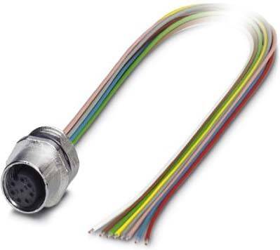 Ein mehrfarbiges Kabel, das mit einem kreisförmigen Metallstecker verbunden ist.