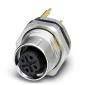 Nahaufnahme einer metallischen kreisförmigen elektrischen Verbindungskomponente mit mehreren Buchsenkontakten, die für sichere und effiziente Kabelverbindungen entwickelt wurde.