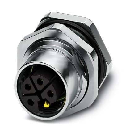 Ein metallischer Sechskantverbinder mit vier Löchern und einem gelben Indikator, der für elektronische oder industrielle Anwendungen verwendet wird.