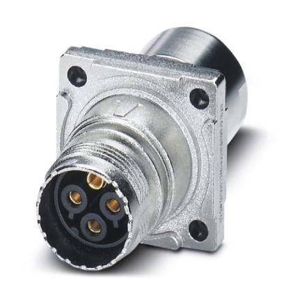Ein metallischer Vier-Pin-Anschluss mit einer quadratischen Montageplatte, entwickelt für industrielle oder elektronische Geräteverbindungen.