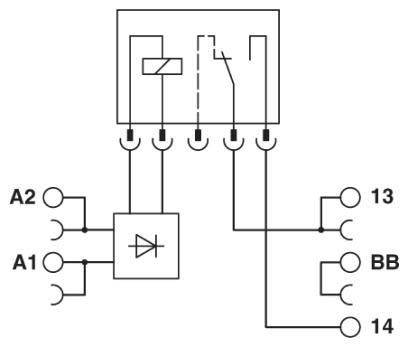 Schematische Darstellung eines Relaisschaltkreises mit nummerierten Anschlüssen, die Diodenschutz und Verbindungen zu einem Schalter und einer Stromquelle zeigt.