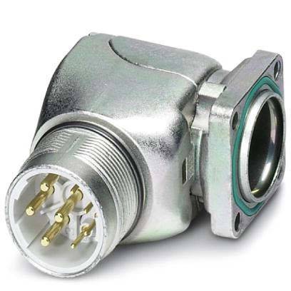 Ein metallischer Winkelstrom-Verbinder mit mehreren Goldstiften und einer Befestigungslasche für sichere Befestigung.