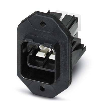 Eine schwarze rechteckige Netzschalter-Steckdose mit einem zentralen Schlitz und Kontaktstiften, konzipiert für elektronische Geräte oder Stromversorgungen.