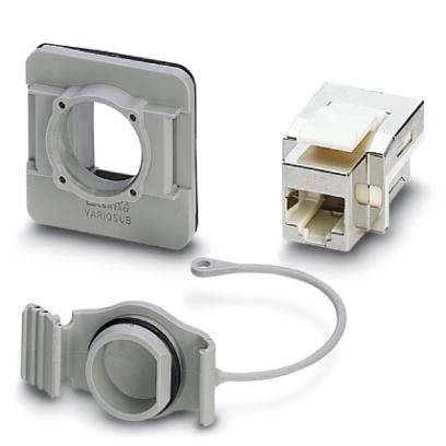 Komponenten eines modularen Verbindungssystems: rechteckiger Rahmen, Kabelverschraubung mit Schraubkappe und ein kompakter rechteckiger Verbindungsblock.