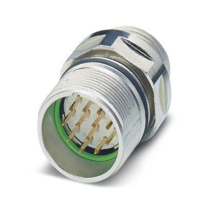 Metallischer kreisförmiger Elektrostecker mit Gewindelage und freigelegten vergoldeten Stiften, gezeigt auf weißem Hintergrund.