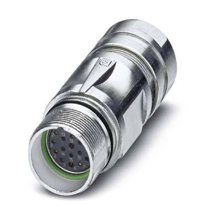 Eine Nahaufnahme eines metallischen, zylindrischen HF-Koaxialsteckers mit sichtbaren Kontaktstiften für elektrische Verbindungen, die seine präzise Konstruktion hervorhebt.