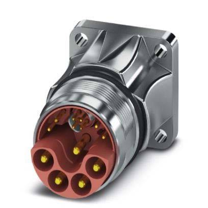 Metallischer Industrieverbinder mit quadratischer Grundfläche, ausgestattet mit fünf kreisförmigen Anschlüssen, der für sichere elektrische Verbindungen verwendet wird.