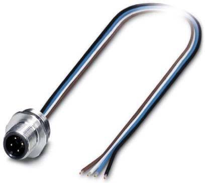 Ein Metallkreisverbinder mit vier Leitungen: ein schwarzes Kabel, ein weißes Kabel, ein braunes Kabel und ein blaues Kabel.