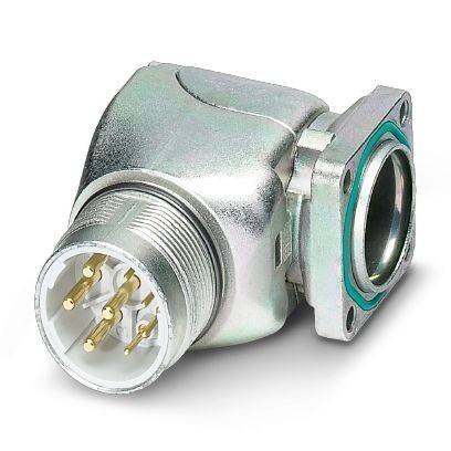 Metallischer industrieller kreisförmiger elektrischer Stecker mit Gewinde-Stecker und vier Stiften, dargestellt neben einer quadratischen Flanschbuchse mit grüner Dichtung.