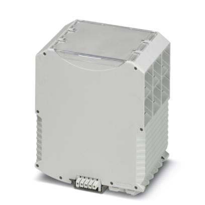 Ein weißes, rechteckiges elektronisches Gerät mit Lüftungsschlitzen und einem Anschlussblock an der Basis, das wahrscheinlich für industrielle oder elektrische Anwendungen verwendet wird.