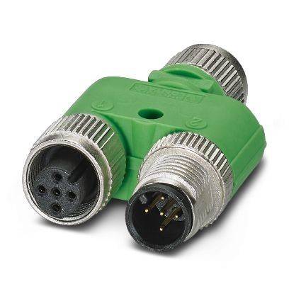 Grüner Industrielle Y-Splitter-Steckeradapter mit drei runden Metallkabelanschlüssen auf weißem Hintergrund