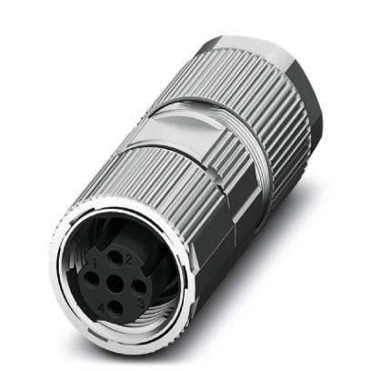 Ein metallischer industrieller Anschluss mit gerilltem zylindrischem Gehäuse. Die Vorderseite des Anschlusses zeigt vier nummerierte Buchsen, die in einem Kreis angeordnet sind.