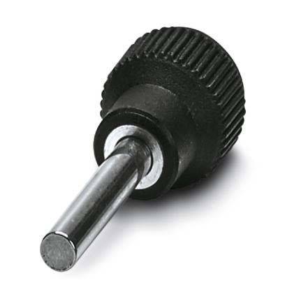 Ein schwarzer, gerillter zylindrischer Knopf, der an einer silbernen Metallstange befestigt ist und zum Justieren oder Sichern von mechanischen Komponenten verwendet wird.