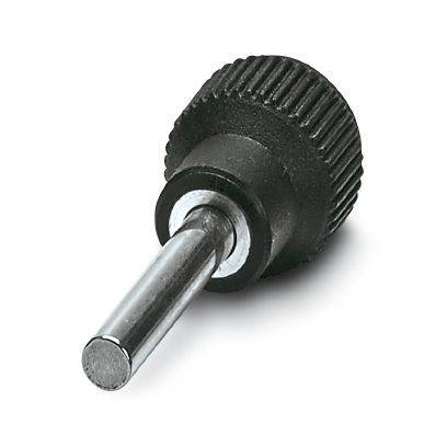 Nahaufnahme eines schwarzen gerippten Knaufs mit einer hervorstehenden Metallwelle, dargestellt auf weißem Hintergrund.
