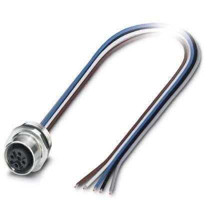 Ein silberner elektrischer Stecker mit fünf Anschlüssen in den Farben Schwarz, Braun, Weiß und Blau. Die Drähte haben freiliegende Enden für Verbindungen.